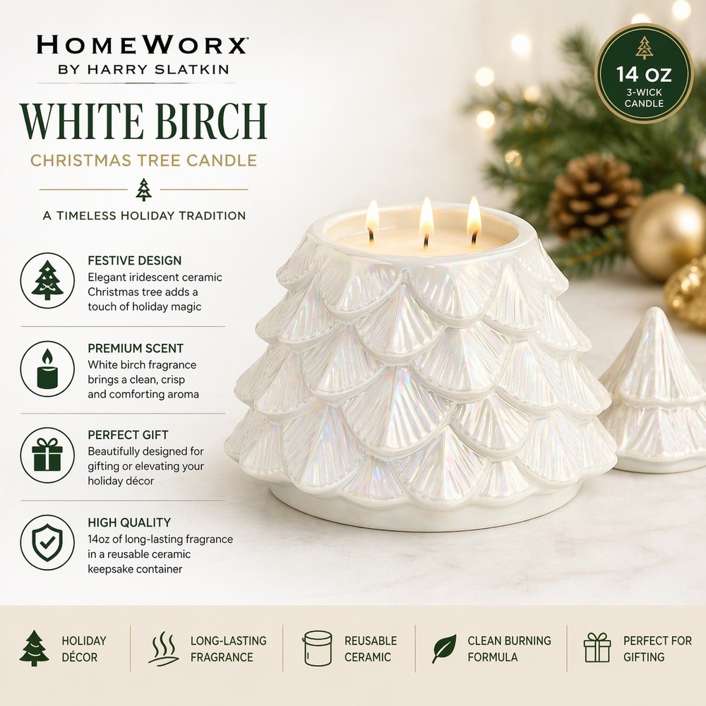 HomeWorx Harry Slatkin White Birch Christmas Tree Candle Iridescent Ceramic 14oz